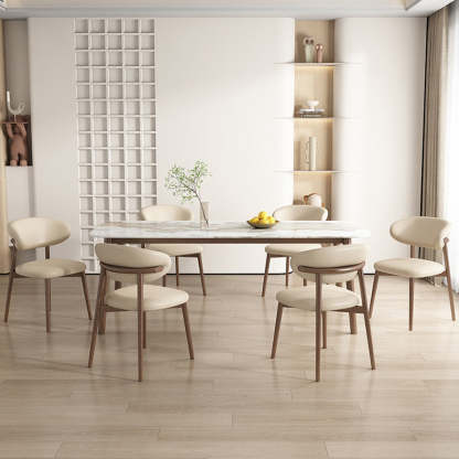 Contemporary Nordic Wood & Leather Round-Back Dining Chair With Backrest For Dining Room