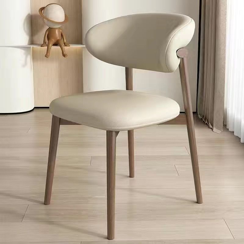 Contemporary Nordic Wood & Leather Round-Back Dining Chair With Backrest For Dining Room