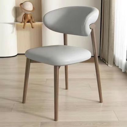 Contemporary Nordic Wood & Leather Round-Back Dining Chair With Backrest For Dining Room