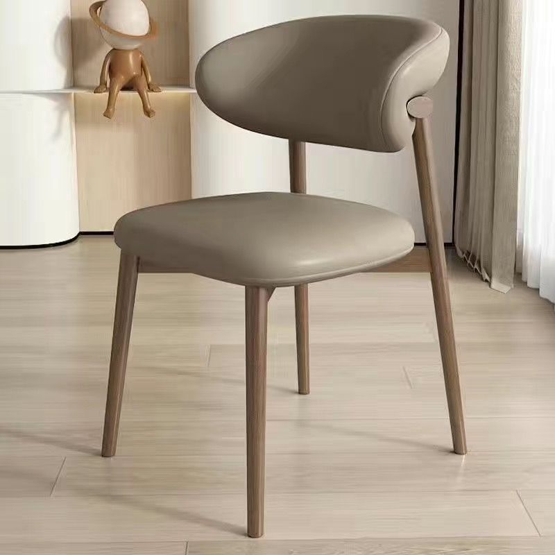Contemporary Nordic Wood & Leather Round-Back Dining Chair With Backrest For Dining Room
