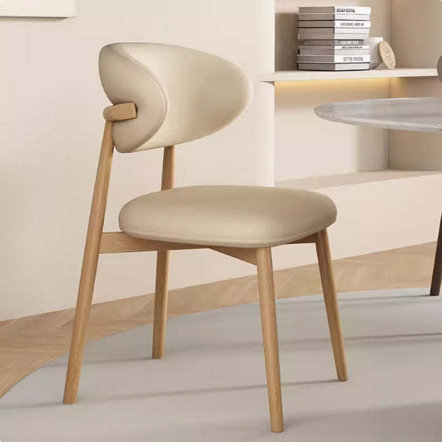 Contemporary Nordic Wood & Leather Round-Back Dining Chair With Backrest For Dining Room
