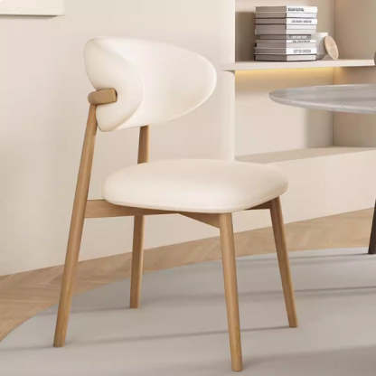Contemporary Nordic Wood & Leather Round-Back Dining Chair With Backrest For Dining Room