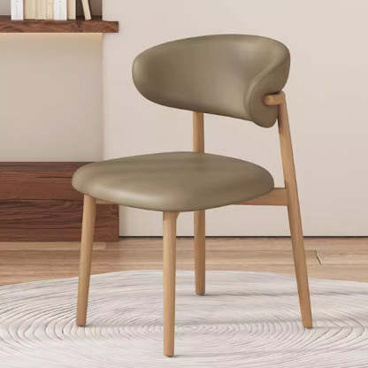 Contemporary Nordic Wood & Leather Round-Back Dining Chair With Backrest For Dining Room