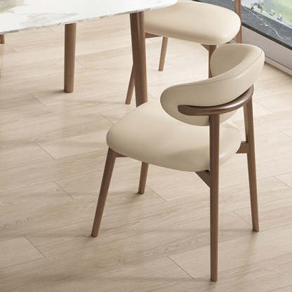 Contemporary Nordic Wood & Leather Round-Back Dining Chair With Backrest For Dining Room