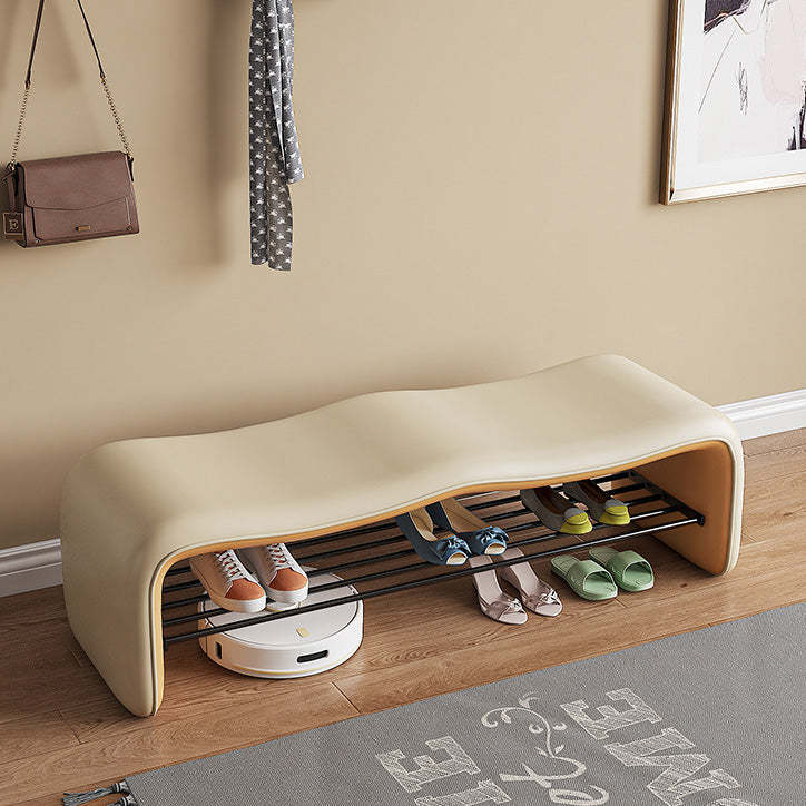 Minimalist Leather Metal Wavy Rectangular Shoe Bench — Gray