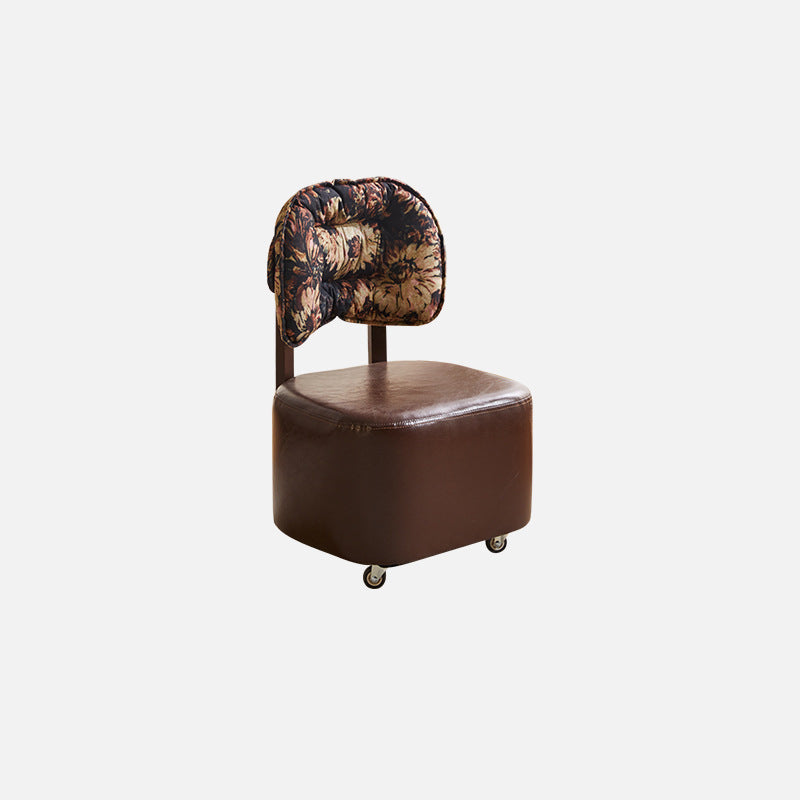 Mid-Century Leather Linen Metal Rounded Low Stool
