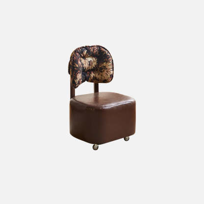 Mid-Century Leather Linen Metal Rounded Low Stool