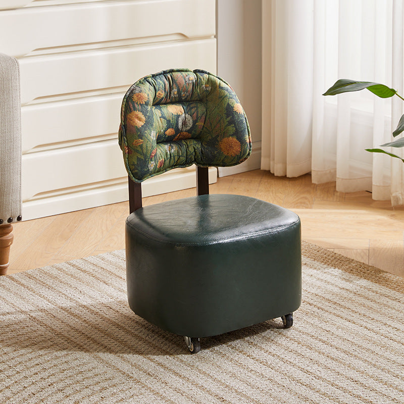 Mid-Century Leather Linen Metal Rounded Low Stool