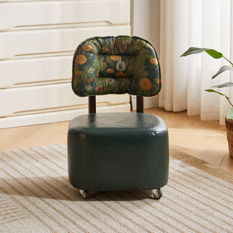 Mid-Century Leather Linen Metal Rounded Low Stool