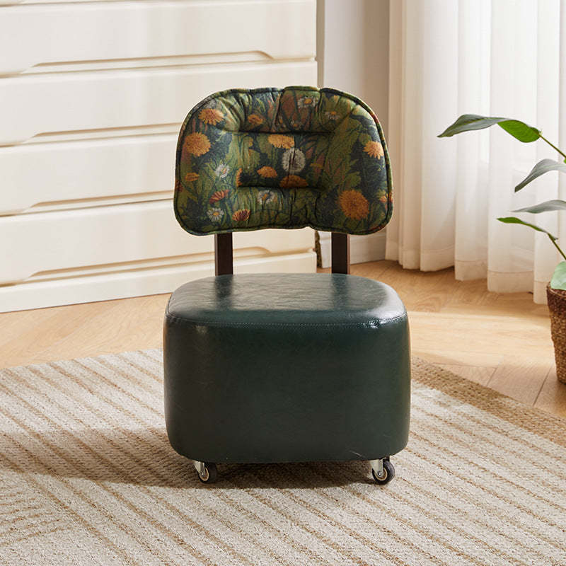 Mid-Century Leather Linen Metal Rounded Low Stool