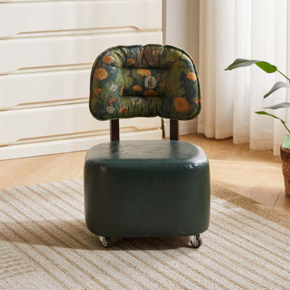 Mid-Century Leather Linen Metal Rounded Low Stool