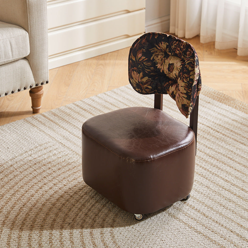 Mid-Century Leather Linen Metal Rounded Low Stool — Brown