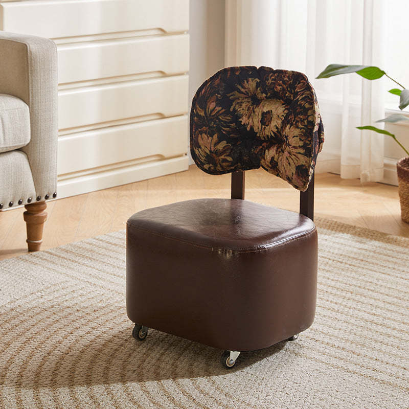 Mid-Century Leather Linen Metal Rounded Low Stool