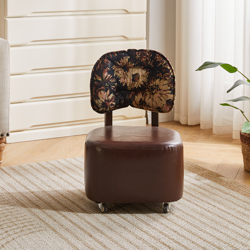 Mid-Century Leather Linen Metal Rounded Low Stool