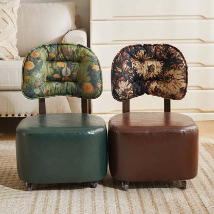 Mid-Century Leather Linen Metal Rounded Low Stool — Green