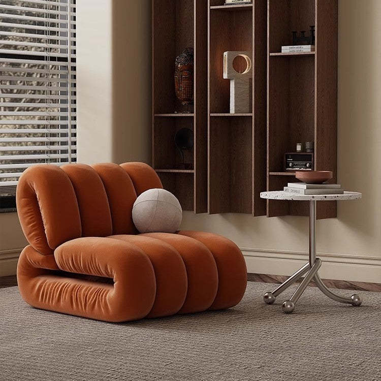 Nordic Velvet Solid Wood Rectangular Striped Accent Chair — Orange