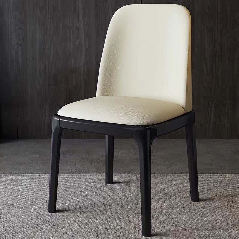 Minimalist Leather Square Upholstered Dining Chair — Beige + Black Base