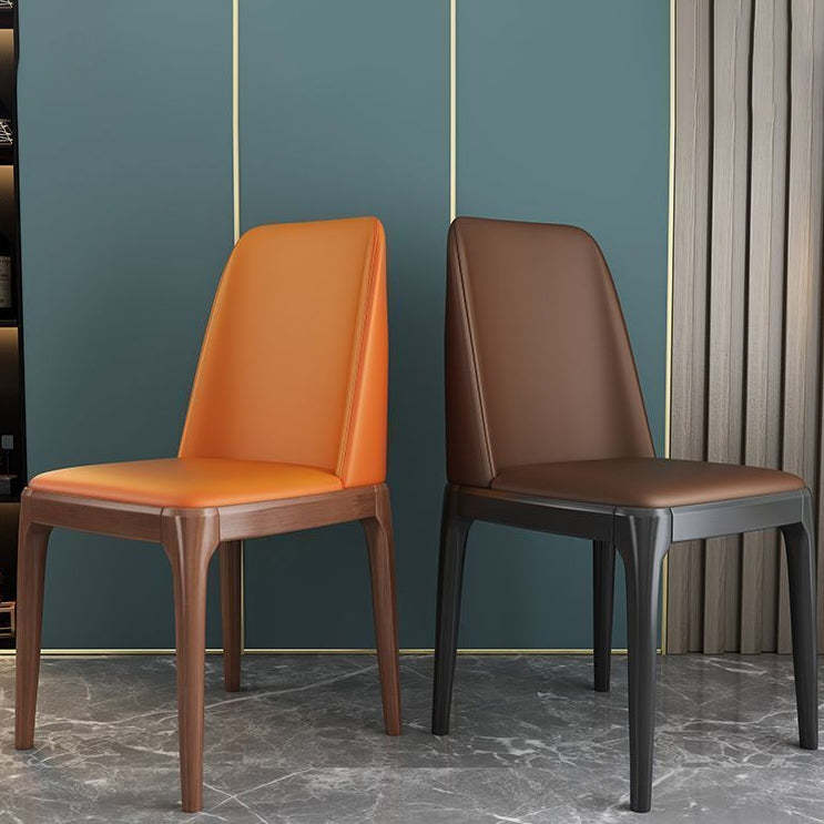 Minimalist Leather Square Upholstered Dining Chair — Orange + Black Base