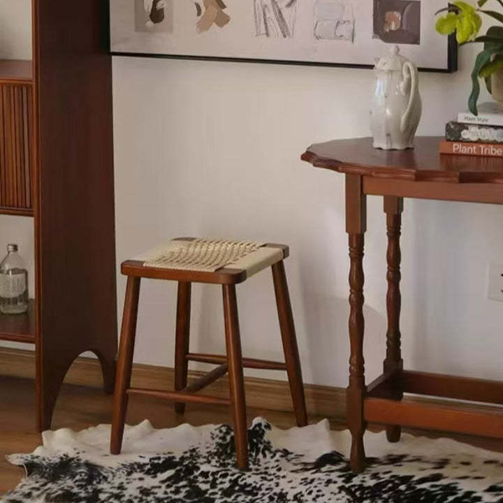 Retro Cherry Oak Walnut Cord Vanity Stool — Walnut - Walnut