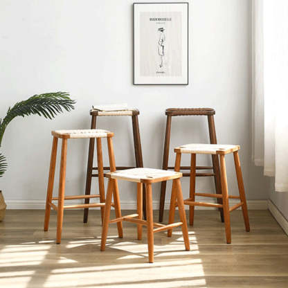 Retro Cherry Oak Walnut Cord Vanity Stool