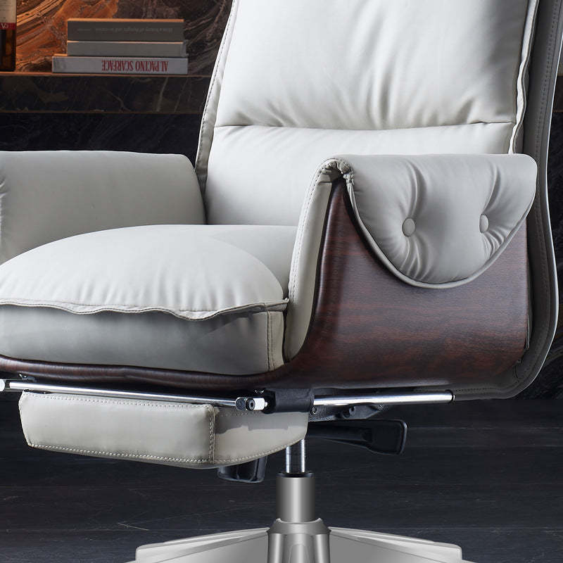 Modern Leather Wood Aluminum Desk Chair — With Footrest / Cowhide / Gray
