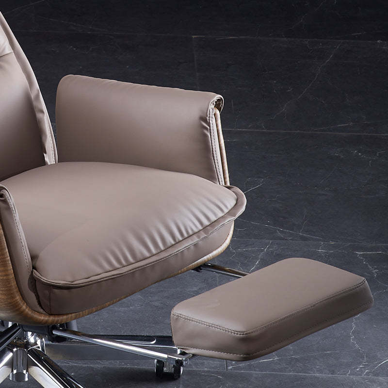 Modern Leather Wood Aluminum Desk Chair — With Footrest / Microfiber Leather / Khaki