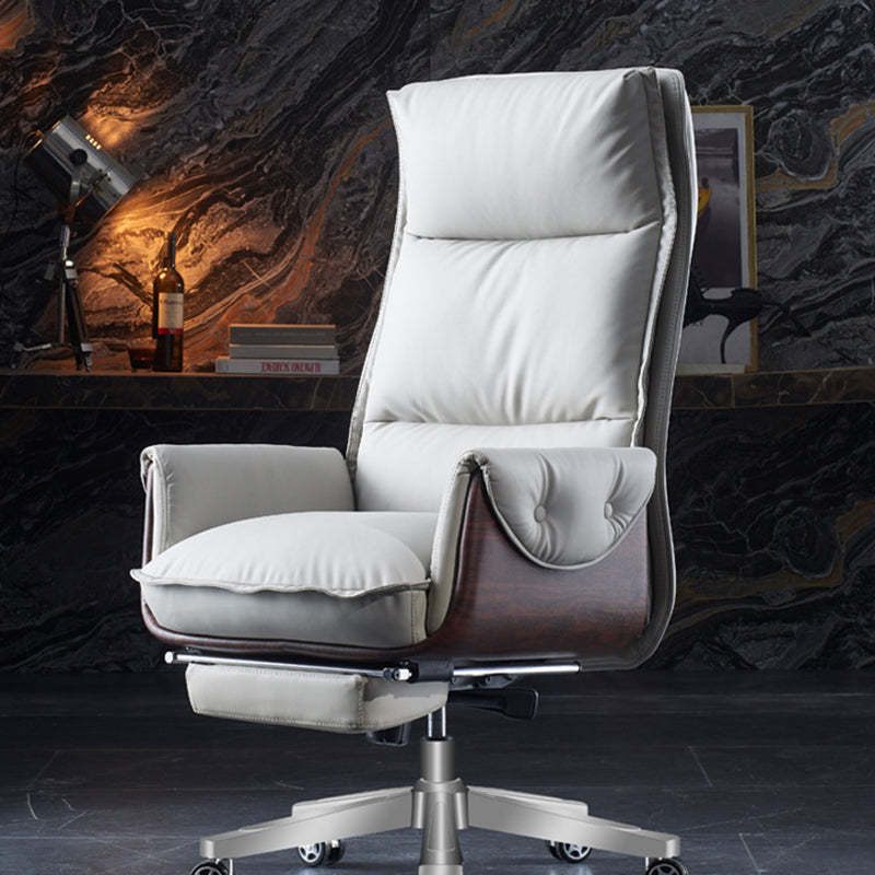 Modern Leather Wood Aluminum Desk Chair — Without Footrest / Microfiber Leather / Khaki