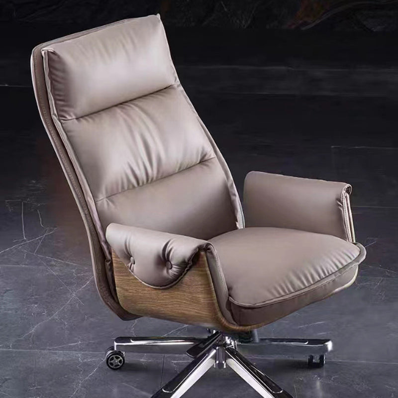 Modern Leather Wood Aluminum Desk Chair — Without Footrest / Cowhide / Khaki