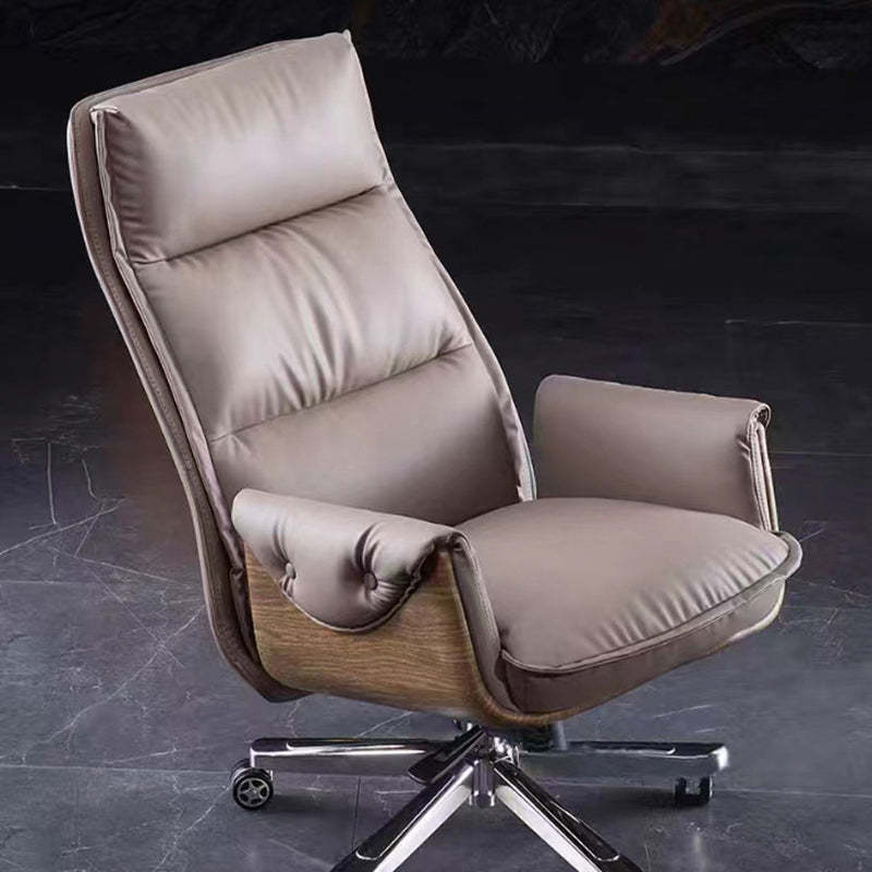 Modern Leather Wood Aluminum Desk Chair — Without Footrest / Cowhide / Khaki