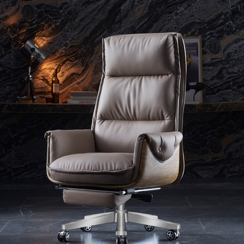 Modern Leather Wood Aluminum Desk Chair — Without Footrest / Synthetic Leather / Khaki
