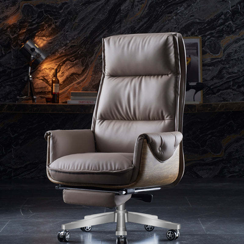 Modern Leather Wood Aluminum Desk Chair — Without Footrest / Synthetic Leather / Khaki