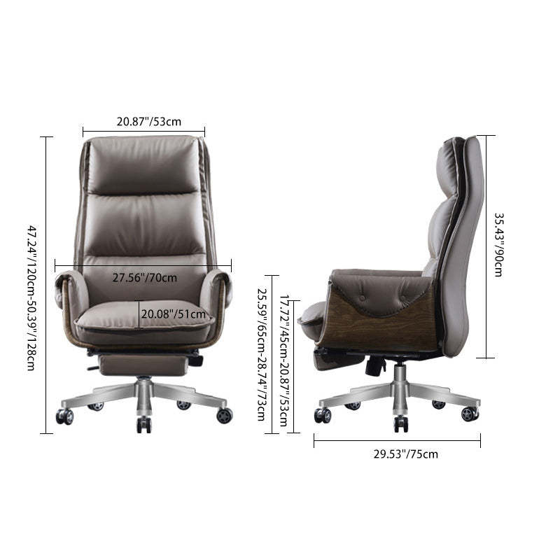 Modern Leather Wood Aluminum Desk Chair — Without Footrest / Cowhide / Gray