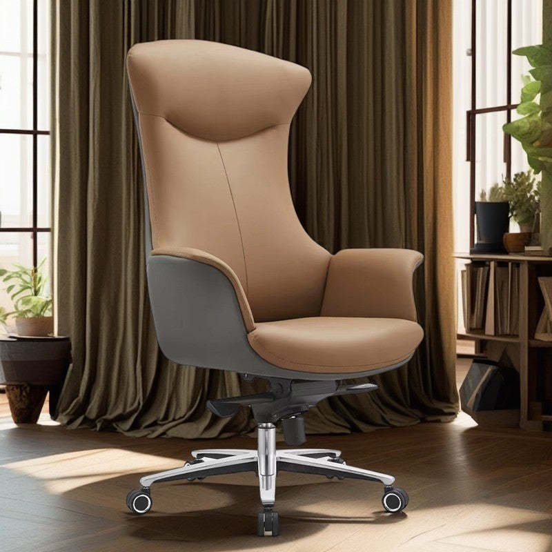 Minimalist Leather Shell-Back Ergonomic Desk Chair — Dark Brown
