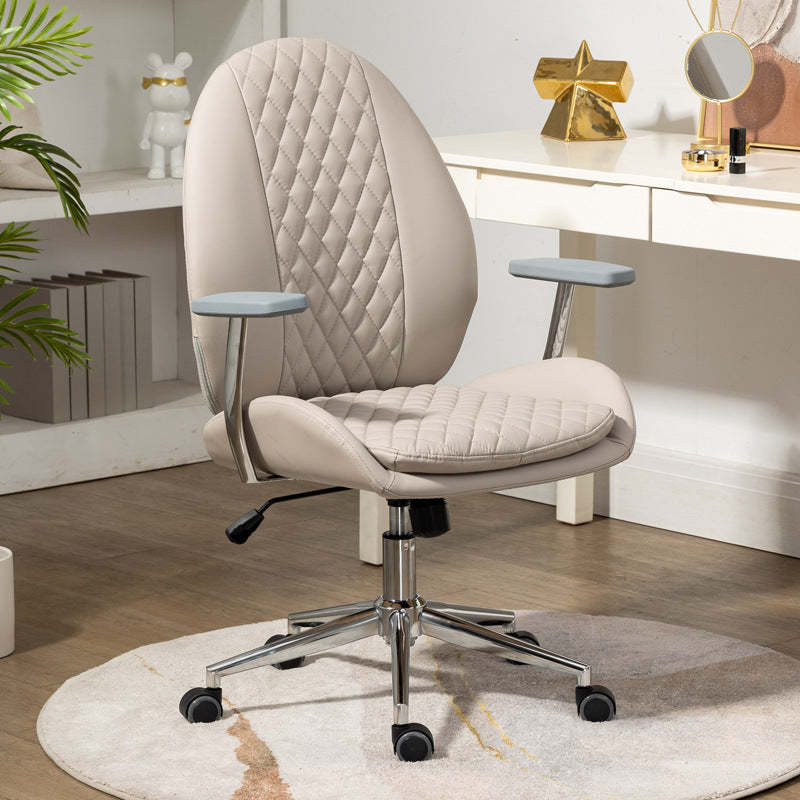 Nordic PU Leather Scallop Oval Vanity Stool — With Armrest / Orange