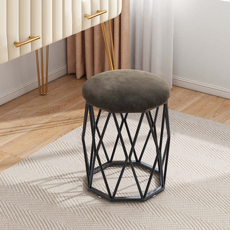 Nordic Velvet Fabric Round Vanity Stool — Black Leg + Coffee Color Seat - Velvet