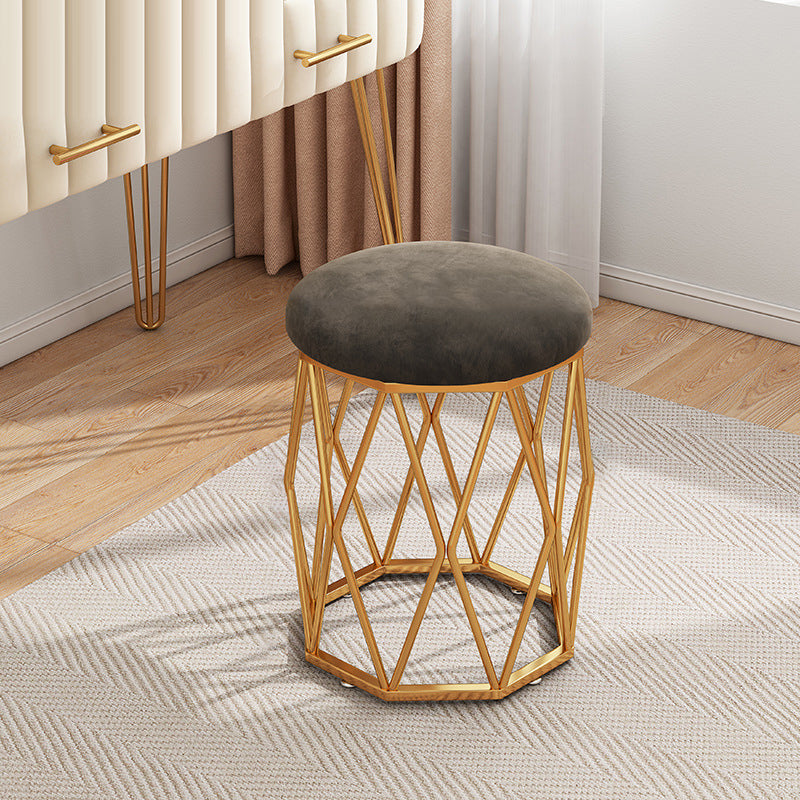 Nordic Velvet Fabric Round Vanity Stool — Gold Leg + Coffee Color Seat - Velvet