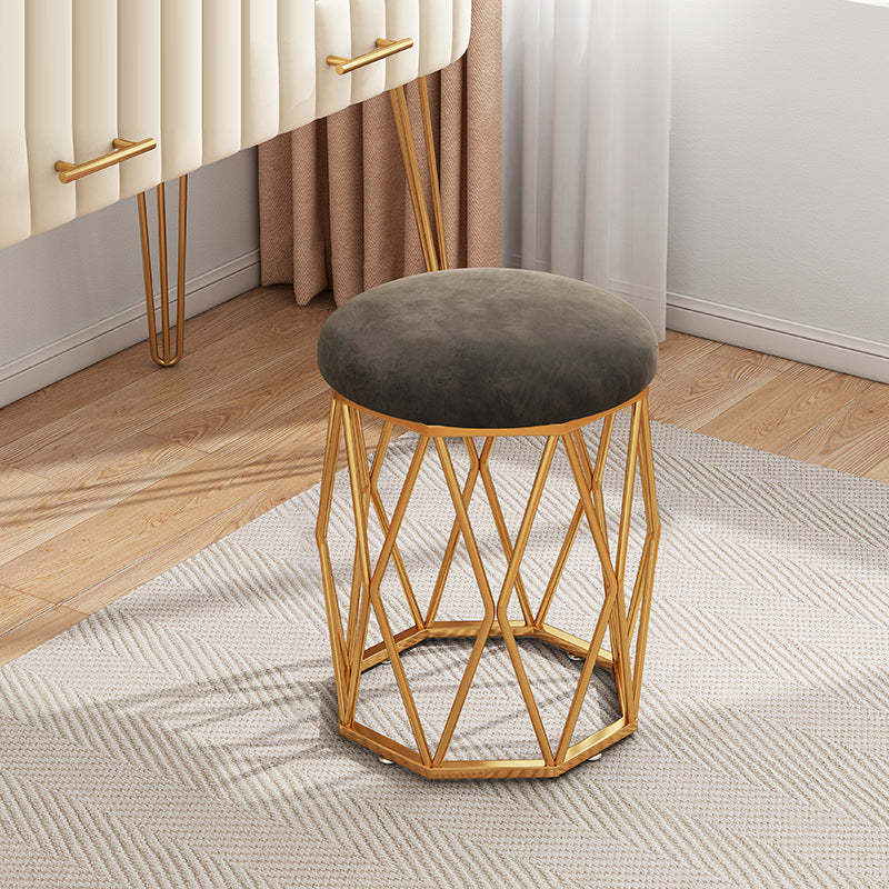 Nordic Velvet Fabric Round Vanity Stool — Gold Leg + Coffee Color Seat - Velvet