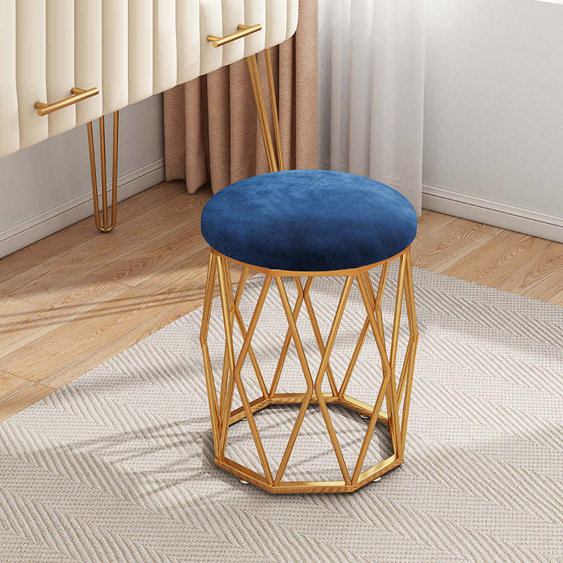Nordic Velvet Fabric Round Vanity Stool — Gold Leg + Green Seat - Velvet