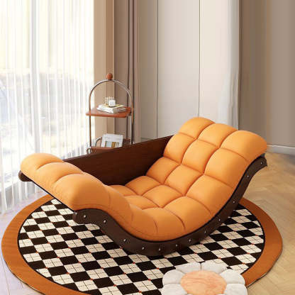 Nordic Leather Cotton-Linen Chair — Orange Cushion + Walnut Frame - Leather