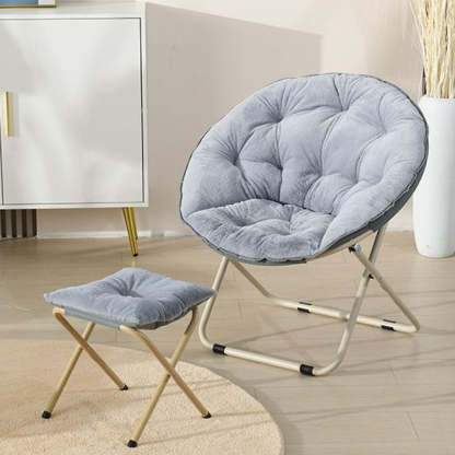 Minimalist Plush Cotton Steel Foldable Lounge Chair — With Footrest / Gray