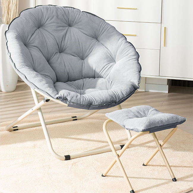 Minimalist Plush Cotton Steel Foldable Lounge Chair — With Footrest / White