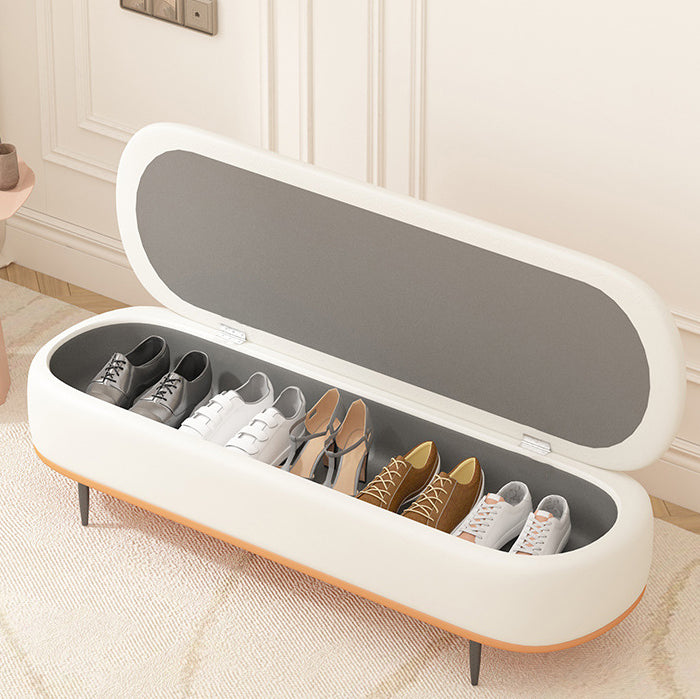 Nordic Leather Wood Steel Oval Storage Bench — Orange Seat + Beige Frame
