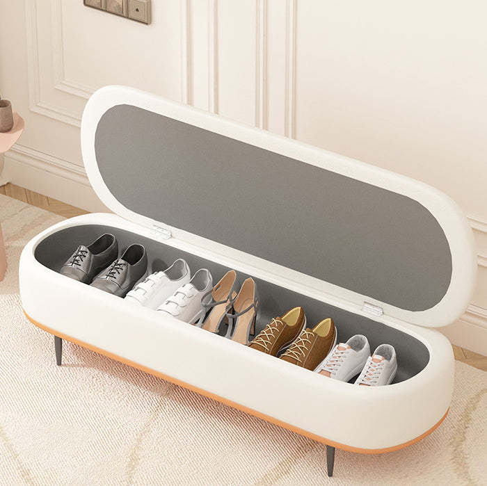 Nordic Leather Wood Steel Oval Storage Bench — Orange Seat + Beige Frame