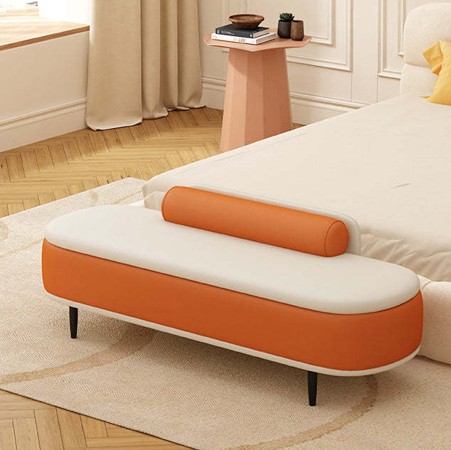Nordic Leather Wood Steel Oval Storage Bench — Coffee Color + Beige Frame