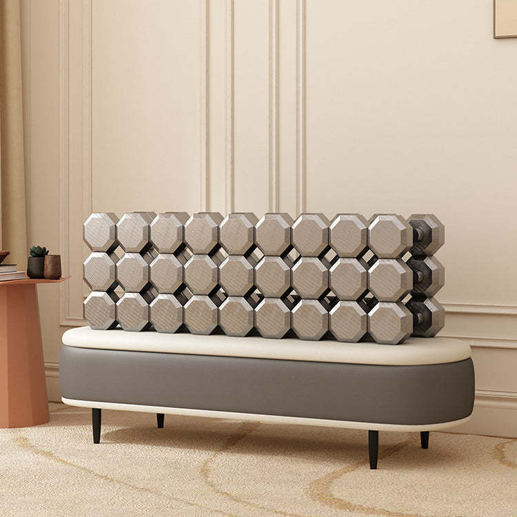 Nordic Leather Wood Steel Oval Storage Bench — Coffee Color + Beige Frame