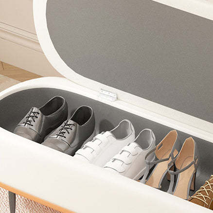 Nordic Leather Wood Steel Oval Storage Bench — Dark Gray Seat + Beige Frame