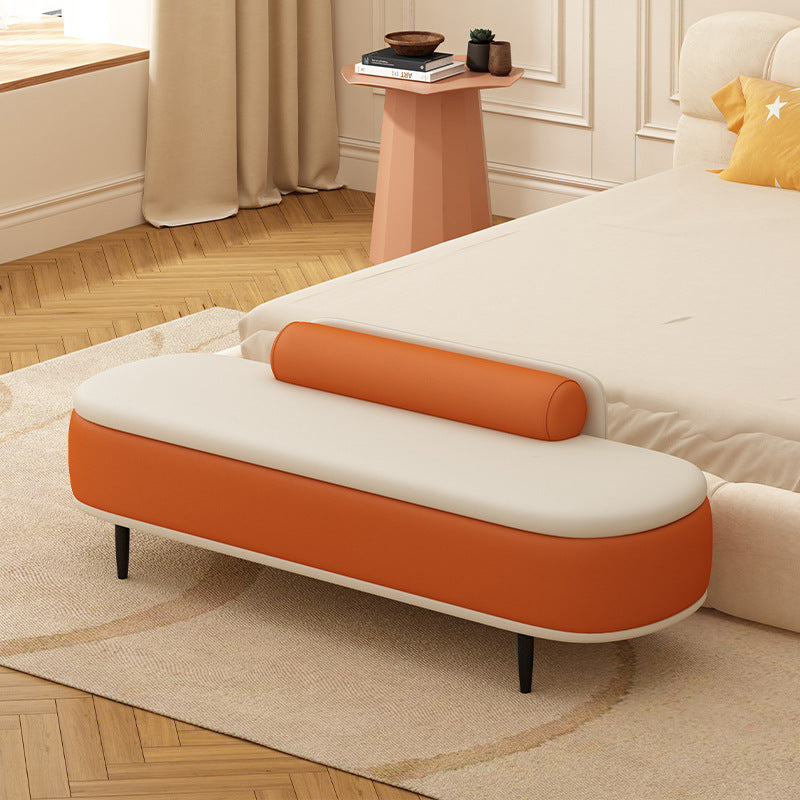 Nordic Leather Wood Steel Oval Storage Bench — Dark Gray Seat + Beige Frame