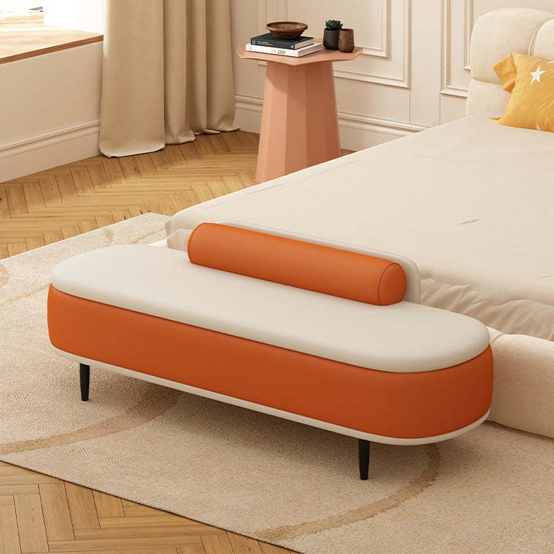 Nordic Leather Wood Steel Oval Storage Bench — Dark Gray Seat + Beige Frame