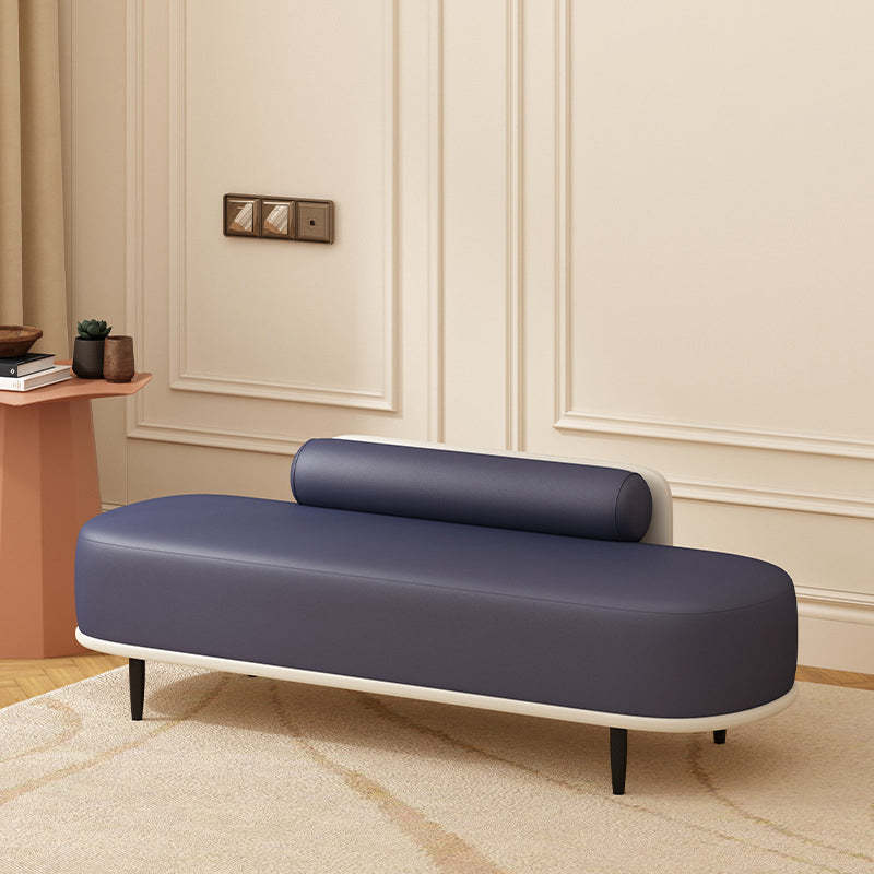 Nordic Leather Wood Steel Oval Storage Bench — Dark Blue Seat + Beige Frame