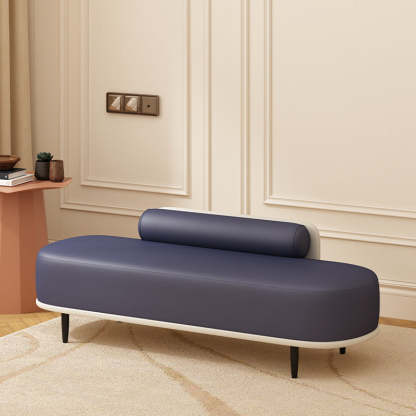 Nordic Leather Wood Steel Oval Storage Bench — Dark Blue Seat + Beige Frame